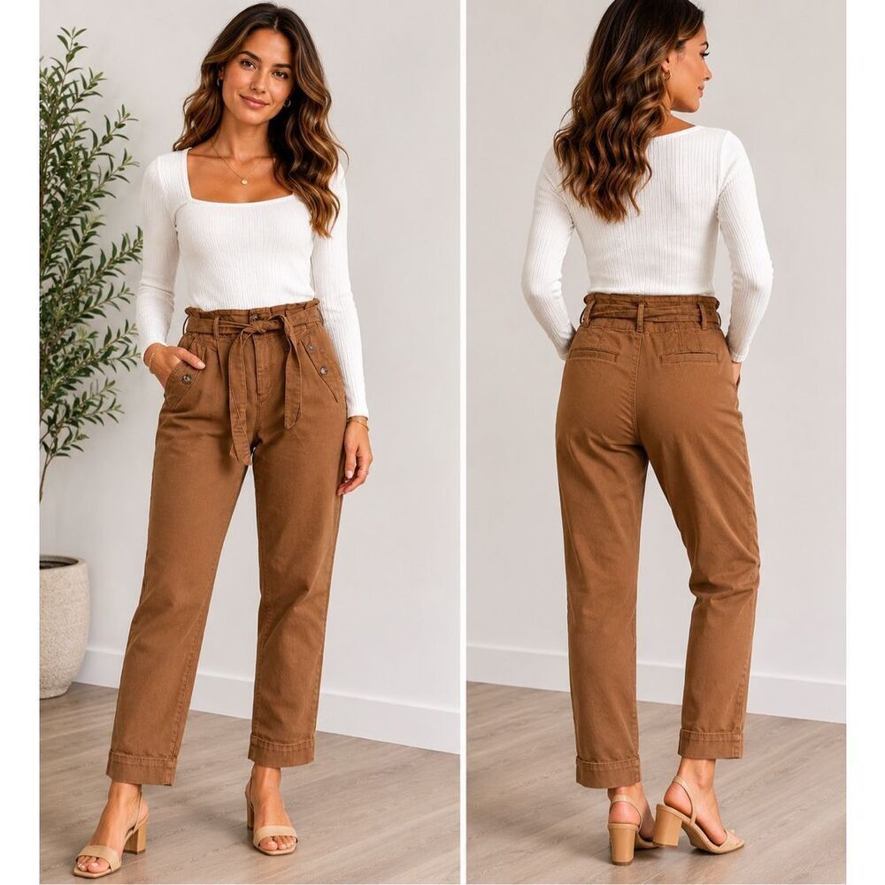 LOFT Brown Paperbag Waist Ankle Pants Belted Women’s Size 6